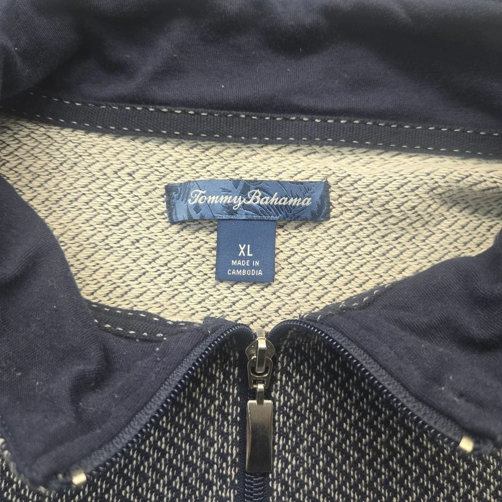 Tommy Bahama Mens XL Quarter Zip Pullover Navy White Chevron Knit Marlin‎ Logo